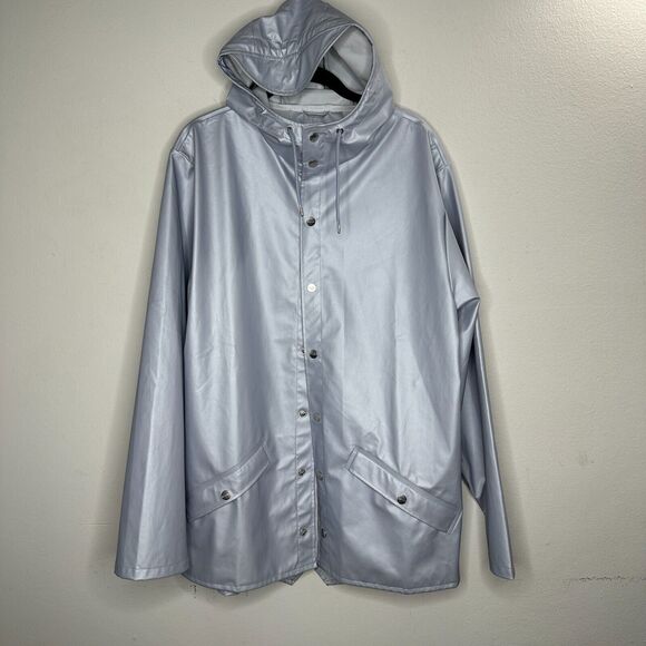 Rains Unisex Pale Blue Front Snap Midline Drawstring Hooded Rain Jacket S / M - Picture 4 of 16